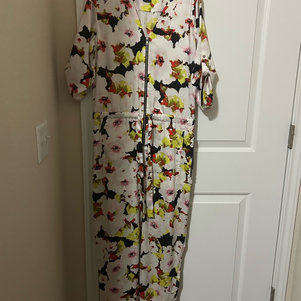 DKNY White Floral Zip-Front Jumpsuit with Black, Yellow & Pink Accents